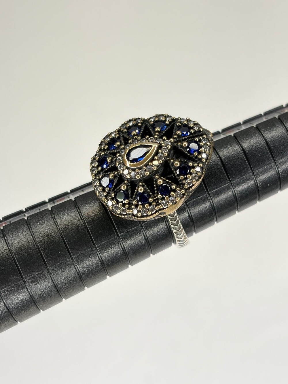 Vintage Turkish Ottoman 925 Sterling Silver Blue Sapphire CZ Cluster Ring Size 7